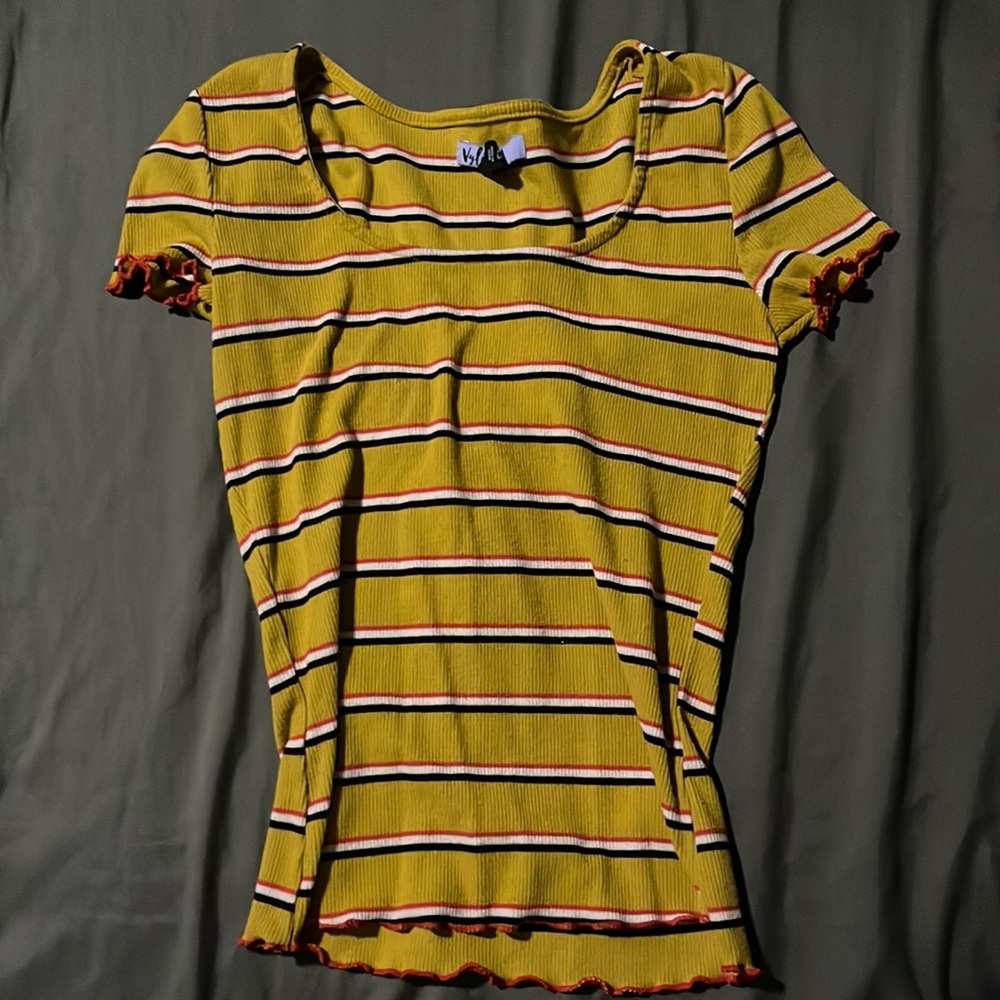 vylette xs yellow shirt with red, white, and black stripes